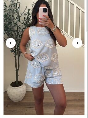 Light blue shell embroidered tank and shorts set